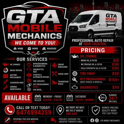 GTA MOBILE MECHANICS  WE COME TO YOU — Home • Work • Roadside Need fast and reliable auto repairs wi...