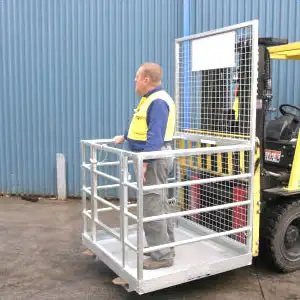 Forklift Work Platform reaches higher than ladders and includes added safety features: 4" toe guard...