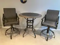 MALLIN PATIO BAR TABLE AND 2 MATCHING SWIVEL CHAIRS LIKE NEW