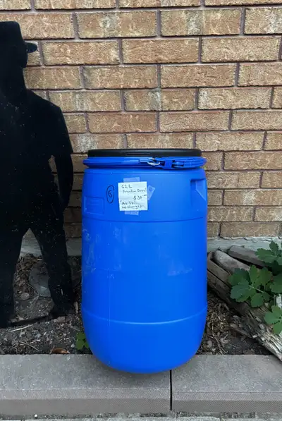 62 L, food grade barrel. Blue barrel, black lid, plastic clamp. Great for cabbage or pickling. $30.