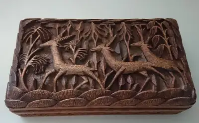 Vintage Carved Wood Box Jewelry with Antelopes & Trees, View more