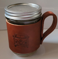 Vintage "VW" Volkswagen Leather Mason Jar Cozy with Wide Mouth