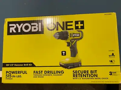Brand new, sealed in box, RYOBI ONE+ 18V 1/2" Hammer Drill Kit. Cordless. Won at a banquet but don't...
