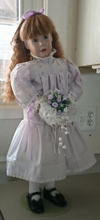 Vintage  Beautiful Porcelain Doll Light Purple Dress  Long Hair