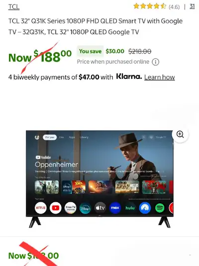 TCL 32" Q31K Series 1080P FHD QLED Smart TV with Google TV $130, View more