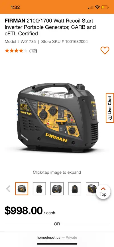 FIRMAN 2100/1700 Watt Inverter Portable Generator W0185, View more
