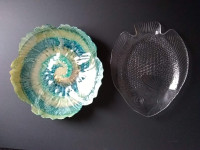 Blue swirl glass bowl & vintage Arcoroc fish shaped platter