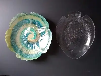 Blue swirl glass bowl & vintage Arcoroc fish shaped platter, View more