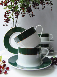 Porcelain Set 4 Mugs & 4 Saucers Jade Dark Green
