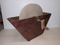 LARGE VINTAGE GRINDING WHEEL + HANDLE IN OLD WOODEN BOX -USEABLE