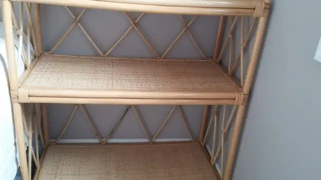 Vintage BOHO 3-Tier Bamboo & Wicker Shelf – Like New, Must Go! in Bookcases & Shelving Units in London - Image 2
