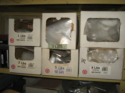 Selling a lot of 6 open boxes of poly bags for retail bulk or home use. Different sizes 1, 2, 3, 5,...