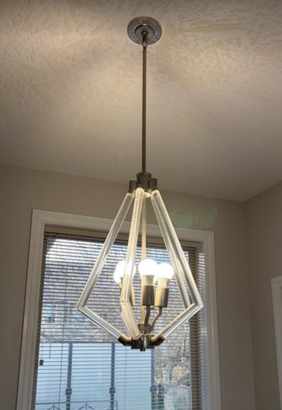 Modern 5-light crystal prism pendant chandelier in brushed steel (Home Depot purchase ~2018). Perfec...
