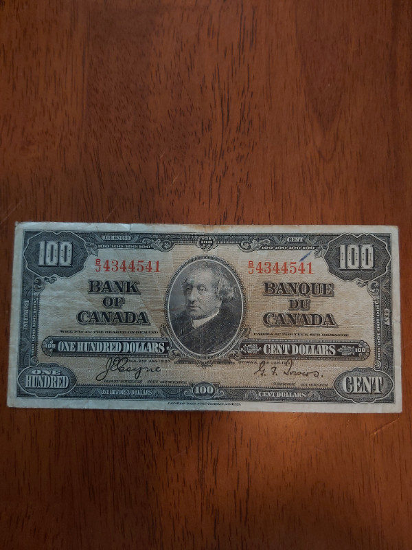 B of C 1937 $100 Bill Coyne-Towers B/J 4344541 in Arts & Collectibles in Saint John