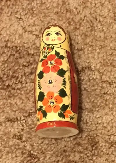 Offering a vintage wooden 5” Matryoshka nesting doll salt shaker only. Lost the man pepper shaker. T...