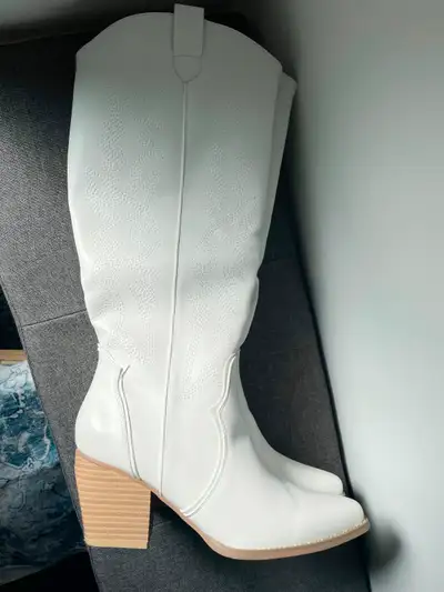 Women’s Vegan Cowboy Boots. Long Length. White. Size 9. $40, View more