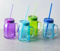 Colourful glass mason jar mugs with lids and straws - set of 4