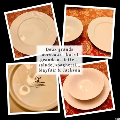 Deux grands morceaux bol et assiette ; usages variés pour servir: salade, du spaghetti, des clams…20...