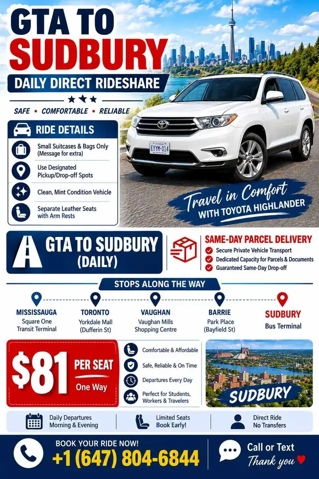  GTA → SUDBURY DAILY DIRECT RIDESHARE 