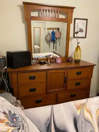 Queen bed frame and dresser with mirror