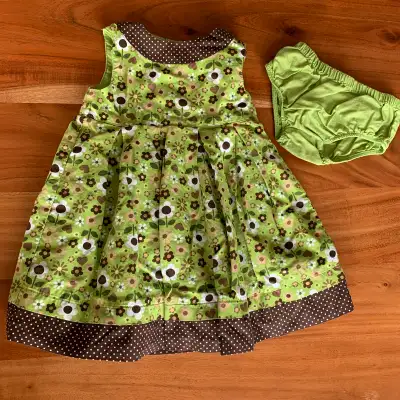 9 Months - Green Floral Dress with Polka Dot Banding, View more