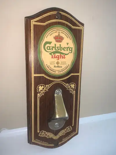 Vintage Carlsberg beer carved wood wall mount Bottle Opener, View more