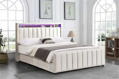 Luxury Upholstered Storage Bed-LED Headboard & Built-In Dr, View more