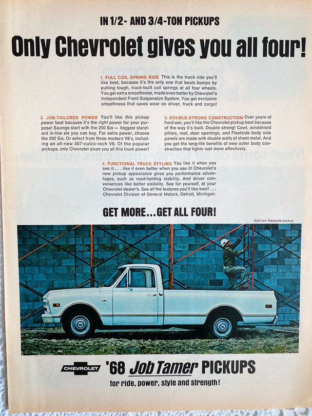 1968 Chevrolet Job Tamer 1/2 & 3/4 Ton Trucks Original Ad in Arts & Collectibles in North Bay