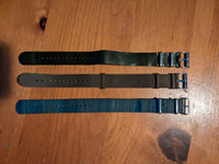 3 x 22mm nato straps black brown leather blue / grey fabric