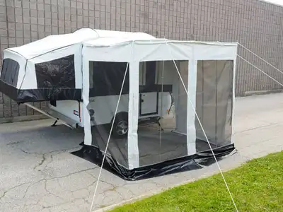 Hi, See pictures. This is a 14 foot tent trailer add a room or breezeway screened in room. This is b...