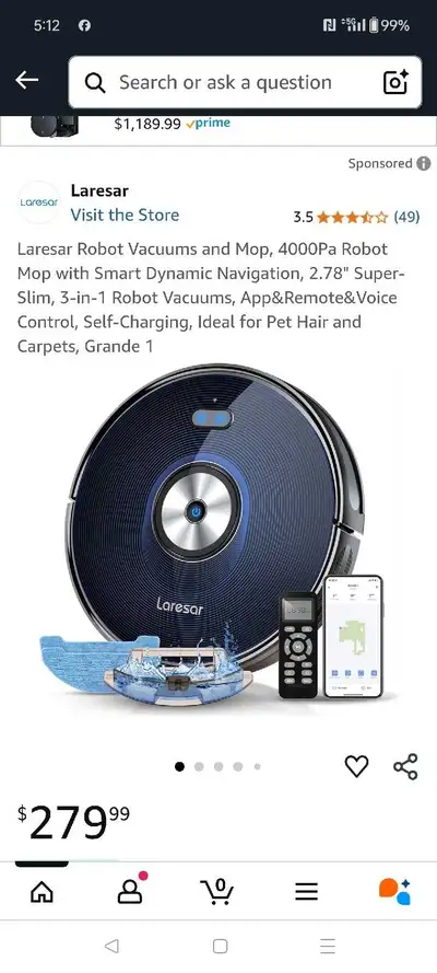 Laresar Robot Vacuums and Mop, 4000Pa Robot Mop with Smart Dynamic Navigation, 2.78" Super-Slim, 3-i...