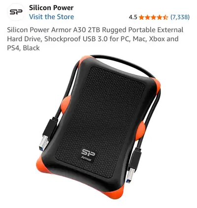 Silicon Power Armor A30 2TB Rugged Portable External Hard Drive, Shockproof USB 3.0 PC, Mac, Xbox $8...