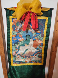 Tibetan Hand Painted meditation Hanging Scroll Green Thangka yog