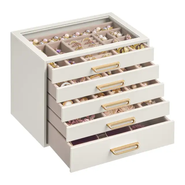 Jewellery Box Glass Top 5 Drawers Cream White 9.4" x 6.8" x 7.2"