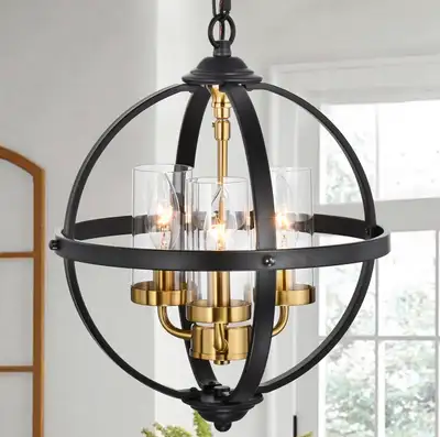 Treekee Rustic Chandelier, 14" Black and Gold Globe Pendant Chan, View more