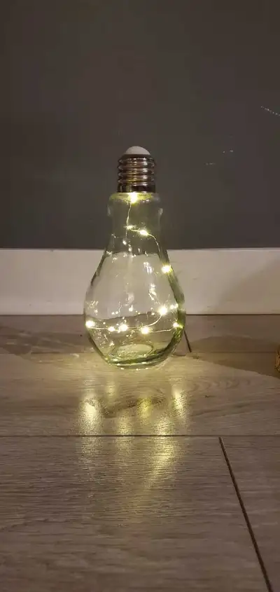 Illuminate your space with this quirky light bulb shaped glass decoration, complete with string ligh...