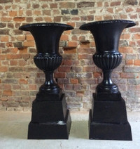 Antique Pair CAST IRON Garden Urns +Bases Planters FreeDelivery