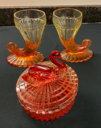 Jeannette Glass Horn of Plenty Vases & Red Swan Trinket Dish, View more
