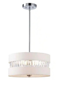 3-Light Chrome Chandelier w/ White Fabric Shade & Faux Crystals