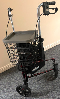 Drive Medical 3-Wheel Rollator Walker with Basket Tray and Pouch