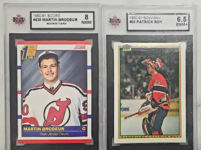 Graded Goalie hockey cards Martin Brodeur Rookie card 1990 Score - KSA 8 Patrick Roy 1990 Bowman - K...