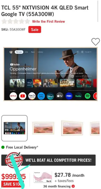  QLED TV SALETCL 55" NXTVISION 4K QLED Smart Google TV (55A300W), View more