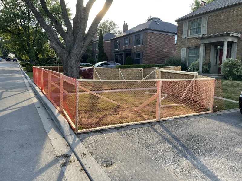 Tree protection hoarding for construction site Fence, Deck, Railing