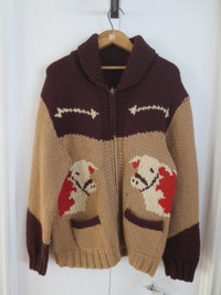 1960s Hand Knit Cowichan Sweater, Large Men, zipper on the left,