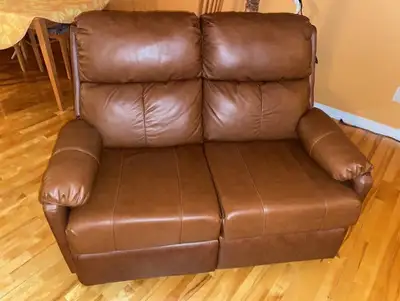 Causeuse inclinable en cuir de marque Elran fabriqué au Québec. Modèle compact. Idéal pour les espac...