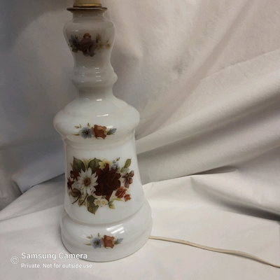 Vintage silkscreen overlay milk glass table lamp w/ shade, View more