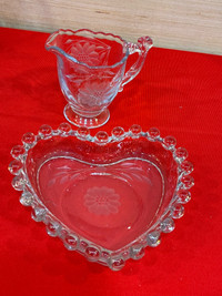   Vintage Huges  Cornflower crystal heart dish & creamer 