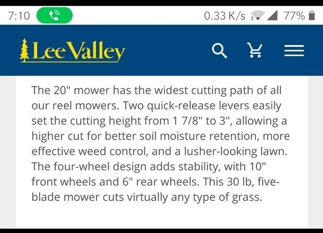 Lee Valley Lawn mower 20" in Lawnmowers & Leaf Blowers in Mississauga / Peel Region - Image 3