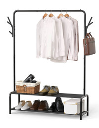 Clothing rack with shelves and hooks