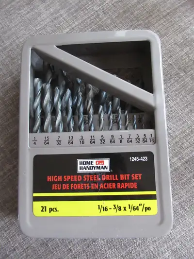 VERY GOOD CONDITION . . Home Handyman 21 PC . Twist Drill Bit Set, . High Speed Steel, . 1/16 - 3/8"...